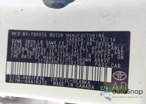 2015 Toyota Corolla Le z USA, uszkodzony, nr VIN 2T1BURHE5FC283396